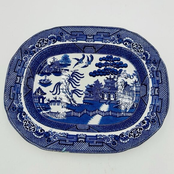 Warranted Staffordshire W. Adams & Sons England Blue Willow Platter 11.25" x 9" - Picture 1 of 8